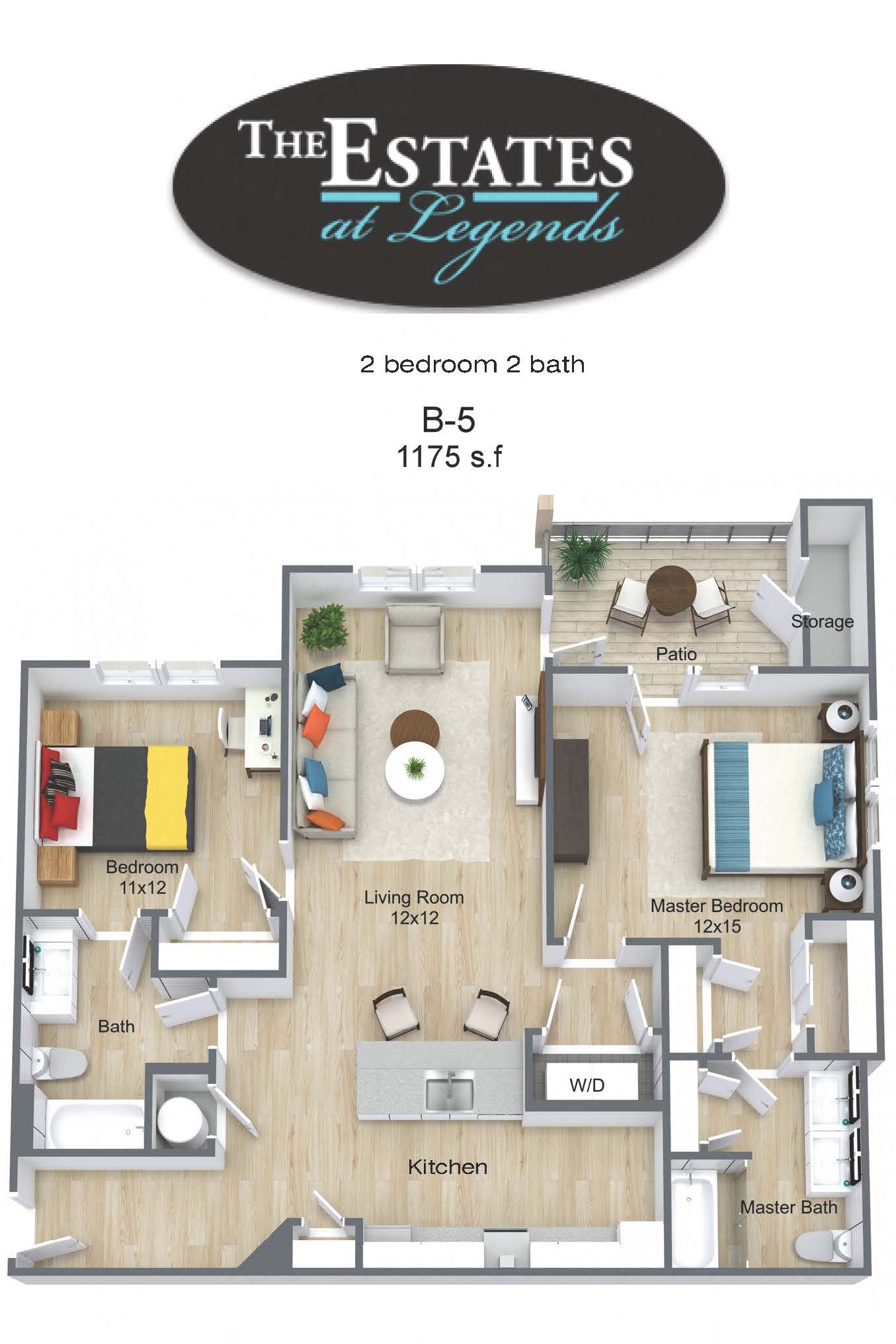 Floor plan for 2 beds, 2 baths, 1175 sqft